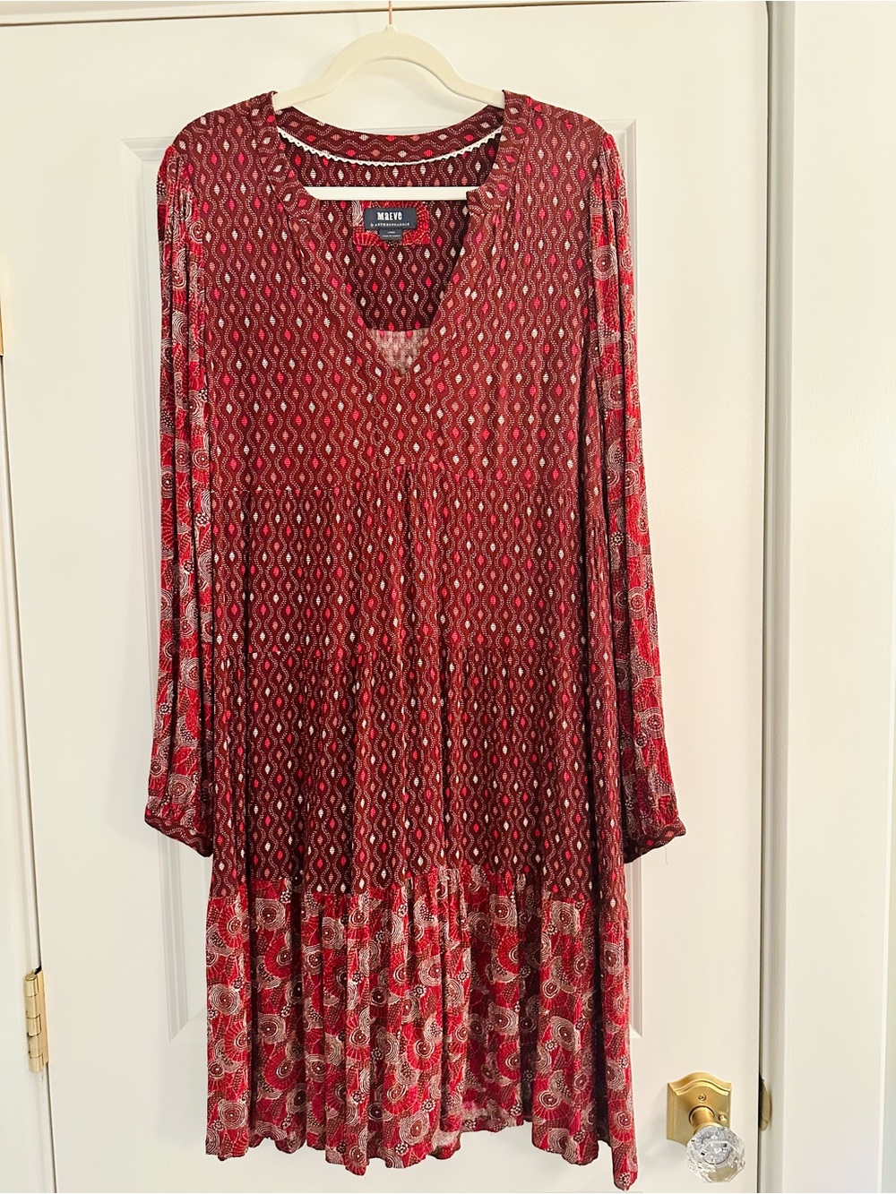 Maeve Anthropologie Red & Brown Long Sleeve Patterned V Neck Tiered Dress L